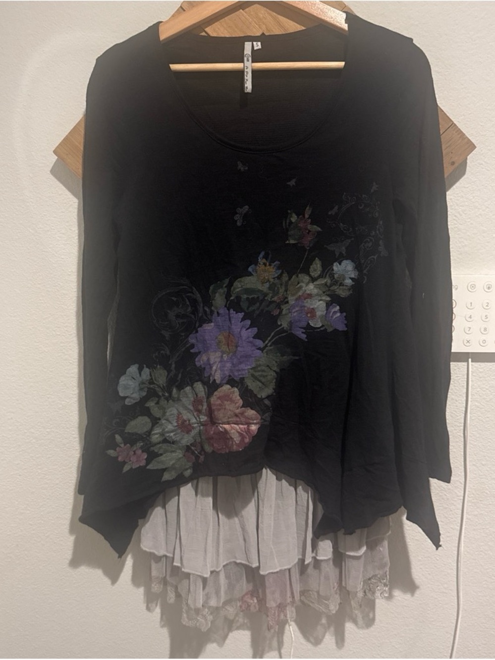 Black Floral Layered Hem Long-Sleeve Tunic